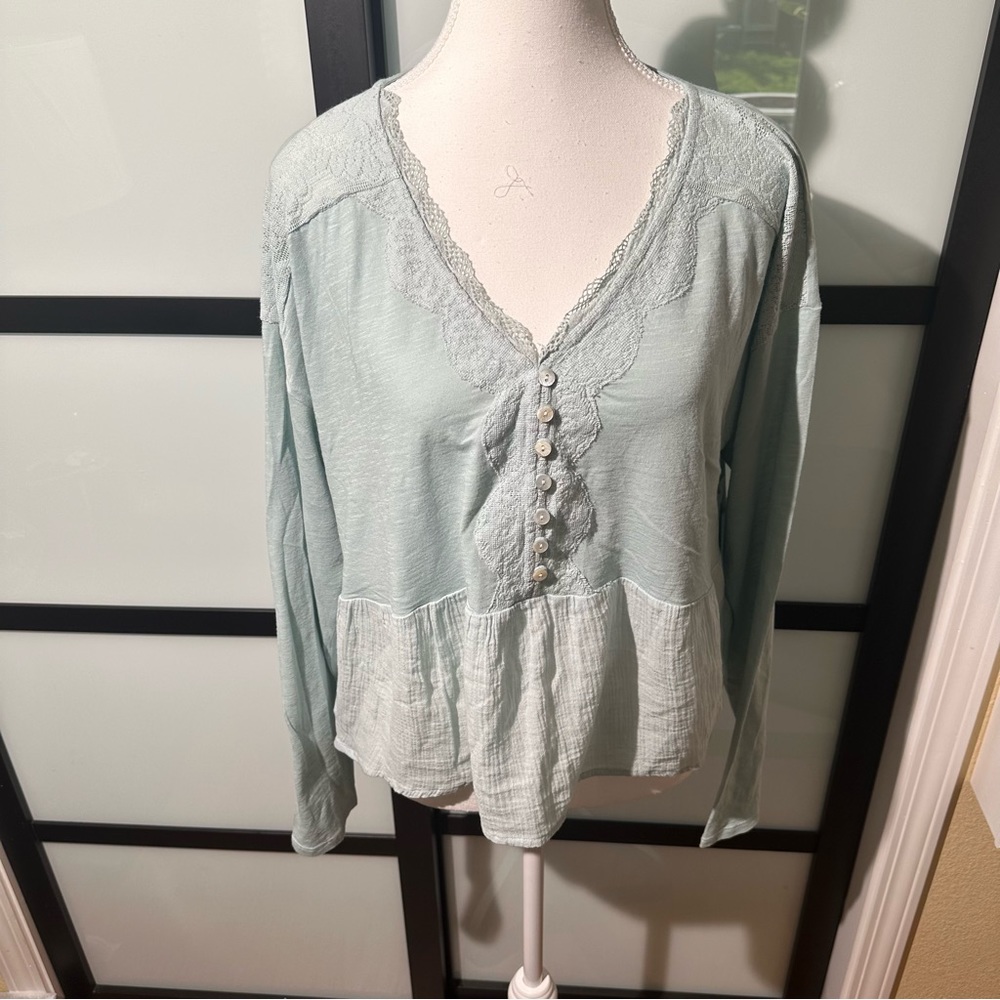 *New*Lucky Brand light blue lace Pintuck Peplum Top